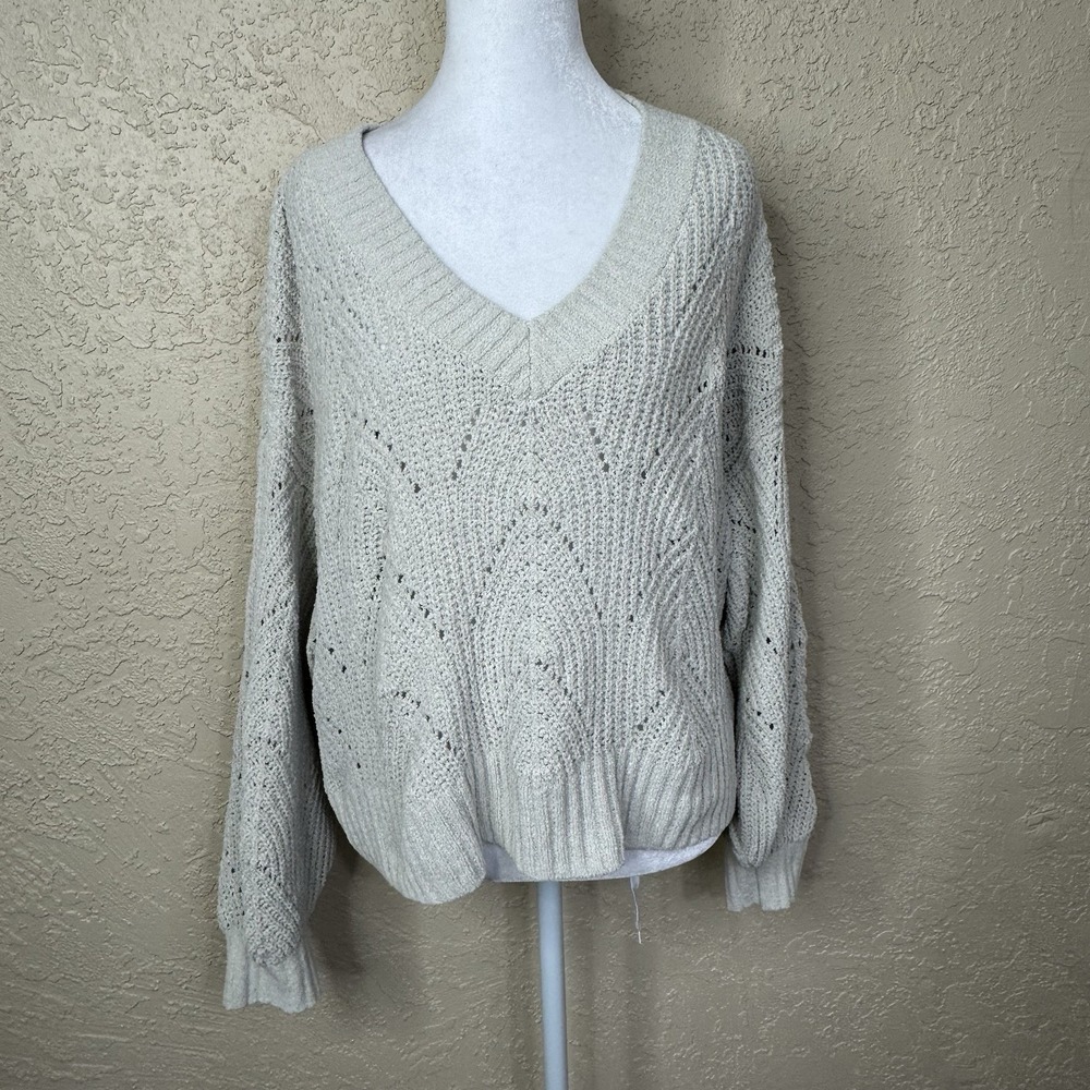 American Eagle Chenille Pointelle V-Neck Sweater Size S Cream Oversized Cropped